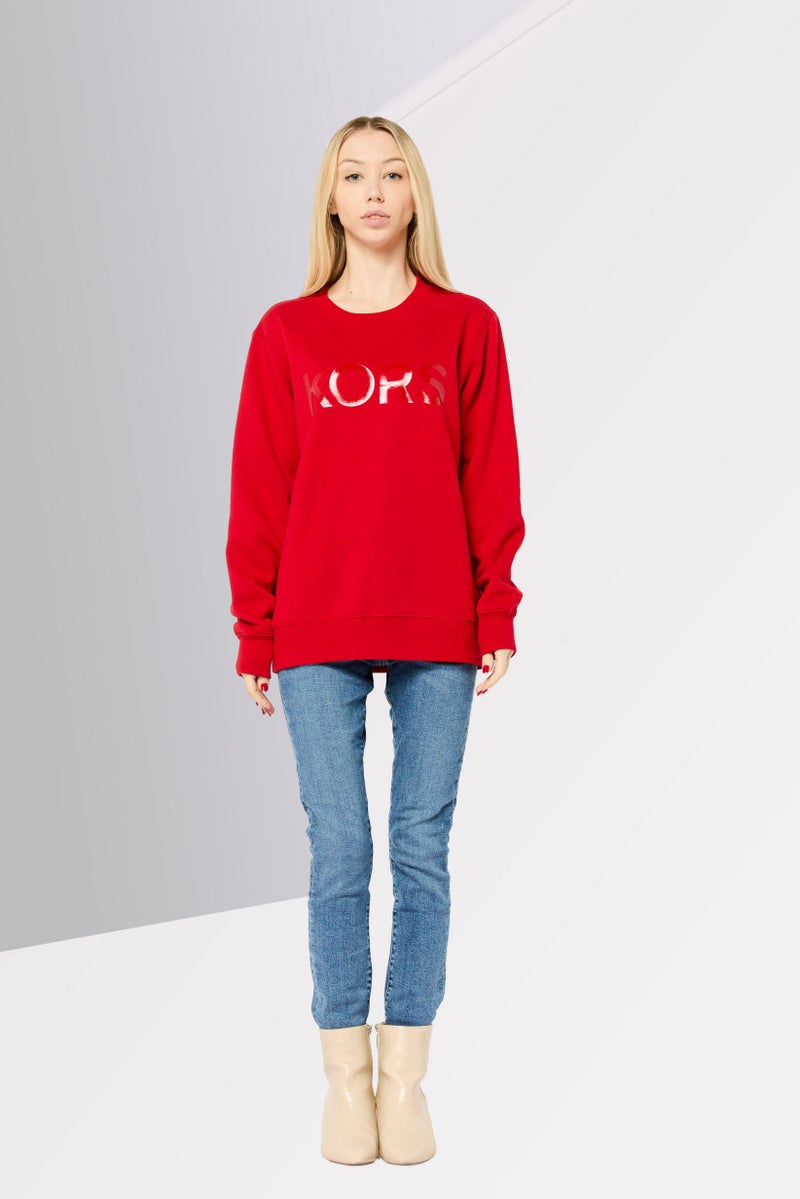 Michael Kors Women Ribbed Neck Brand Logo Long Sleeves Sweatshirt, Red - Image 2