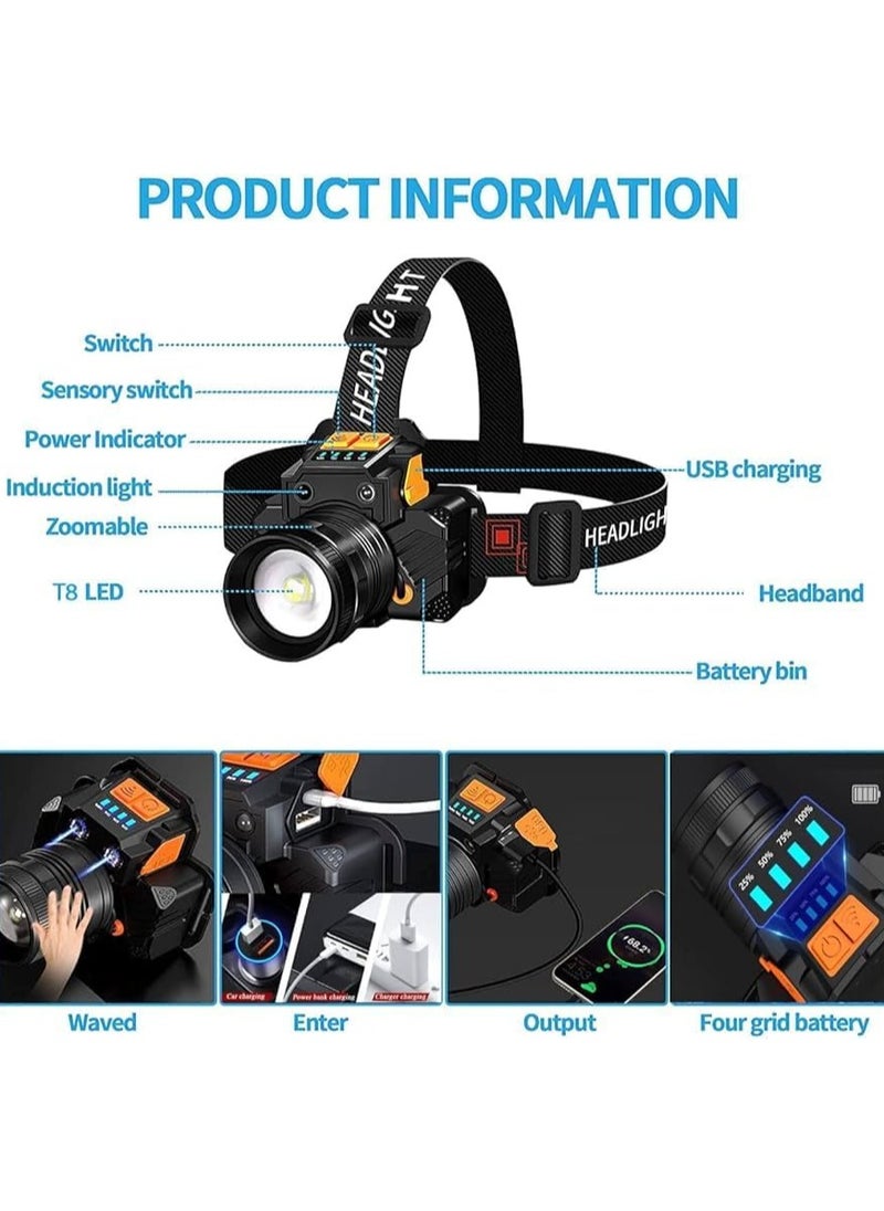 AROAQ - Sensor Headlamp Rechargeable Led Headlight For Hiking Camping Fishing 20000 Lumens USB Rechargeable Motion Sensor Headlamp - Image 1