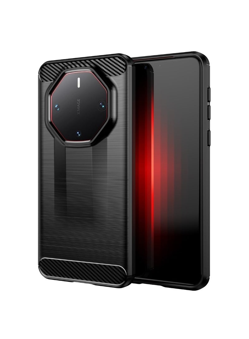 Huawei Mate 60 RS Ultimate Rugged Shield Protective Cover with Brushed Texture Carbon Fiber Pattern, Shockproof TPU, Anti-Slip, Ultra Thin, Shock Absorption - Black  - Image 1