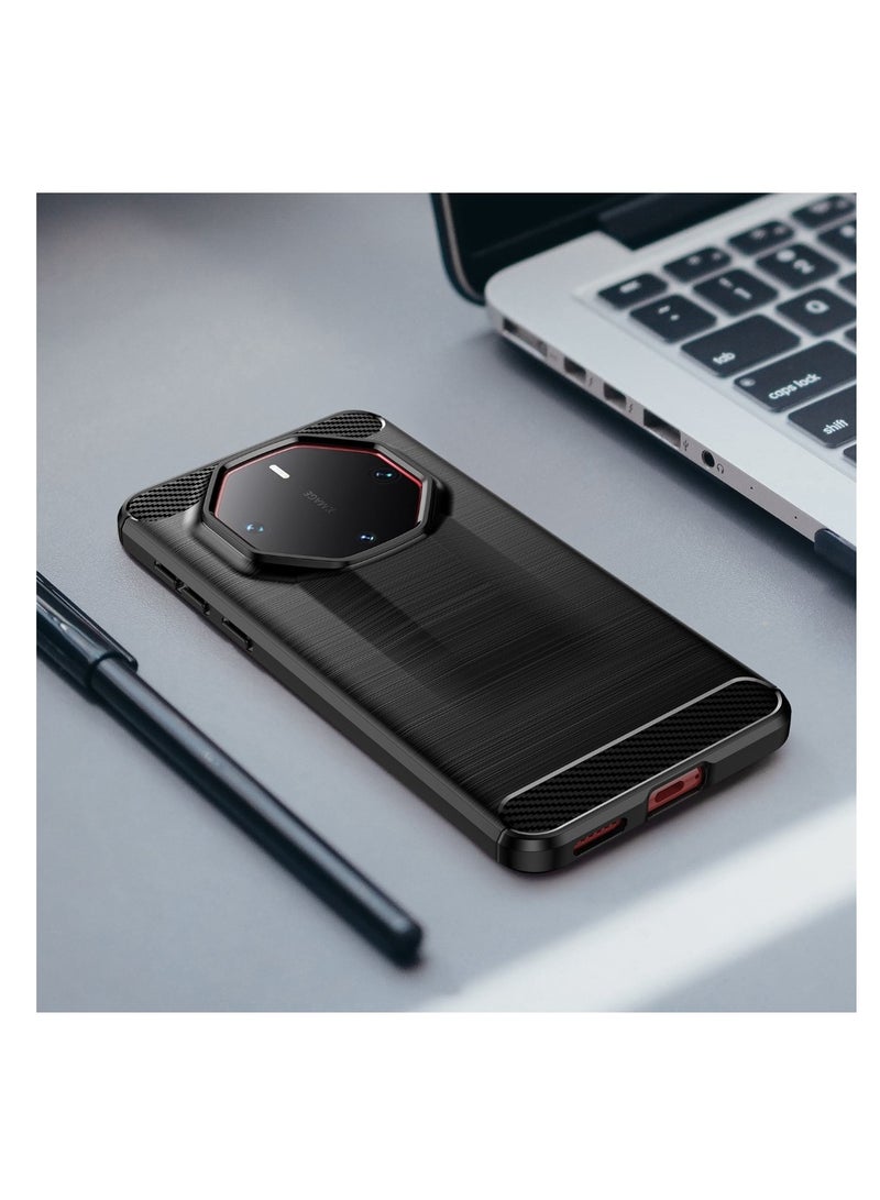 Huawei Mate 60 RS Ultimate Rugged Shield Protective Cover with Brushed Texture Carbon Fiber Pattern, Shockproof TPU, Anti-Slip, Ultra Thin, Shock Absorption - Black  - Image 3