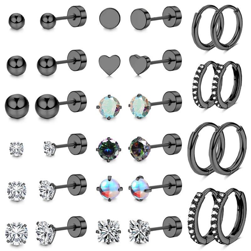 LOFITOR 16 Pairs Surgical Steel Flat Back Earrings Set for Multiple Piercing Cartilage Hypoallergenic Earrings Small Huggie Hoop Earrings CZ Ball Stainless Steel Stud Earrings for Women Men Black - Image 1