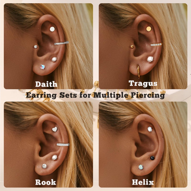 LOFITOR 16 Pairs Surgical Steel Flat Back Earrings Set for Multiple Piercing Cartilage Hypoallergenic Earrings Small Huggie Hoop Earrings CZ Ball Stainless Steel Stud Earrings for Women Men Black - Image 5