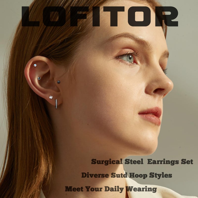 LOFITOR 16 Pairs Surgical Steel Flat Back Earrings Set for Multiple Piercing Cartilage Hypoallergenic Earrings Small Huggie Hoop Earrings CZ Ball Stainless Steel Stud Earrings for Women Men Black - Image 2