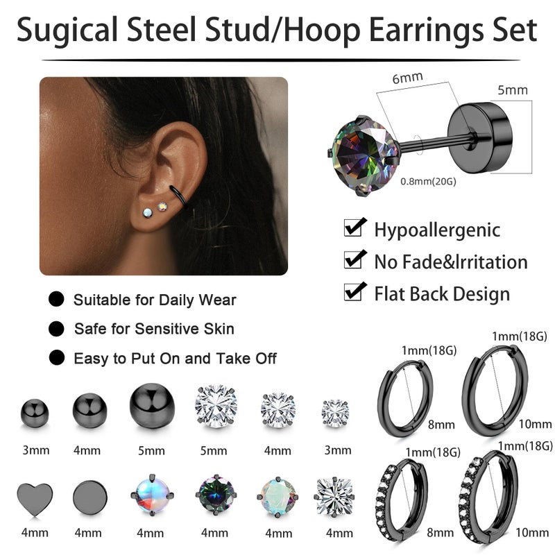 LOFITOR 16 Pairs Surgical Steel Flat Back Earrings Set for Multiple Piercing Cartilage Hypoallergenic Earrings Small Huggie Hoop Earrings CZ Ball Stainless Steel Stud Earrings for Women Men Black - Image 4