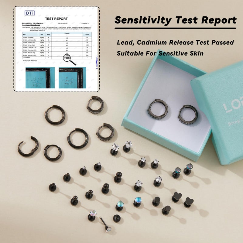 LOFITOR 16 Pairs Surgical Steel Flat Back Earrings Set for Multiple Piercing Cartilage Hypoallergenic Earrings Small Huggie Hoop Earrings CZ Ball Stainless Steel Stud Earrings for Women Men Black - Image 3