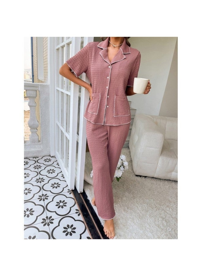 Double Pocket Lapel Cardigan Pajama Set – High-End, Loose Comfortable