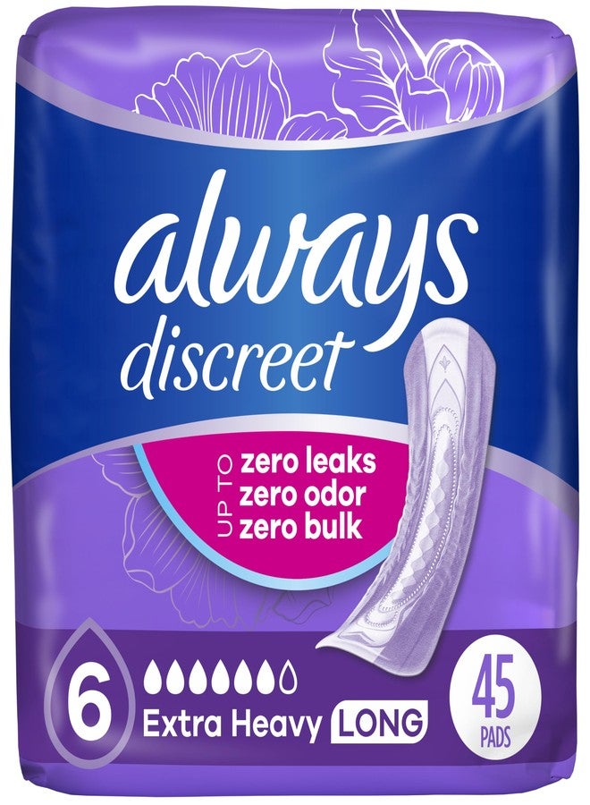 Always Discreet Adult Incontinence Pads for Women, Drier vs Poise, 6 Drop Long Length, Extra Heavy Absorbency, Pads for Bladder Control Management, Bladder Leaks, & Postpartum Pads, 45ct - Image 1