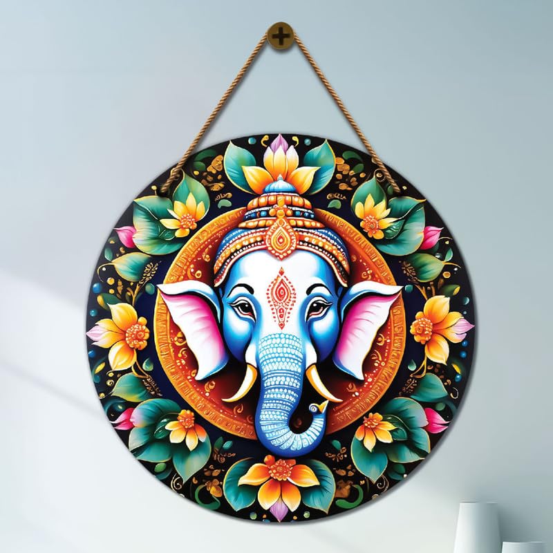 Divinity Decor 12x12 Inch Ganesh Ji in green and yellow mandala Wooden wall hanging for bedrooms, offices, and home spaces - D133 - Image 1