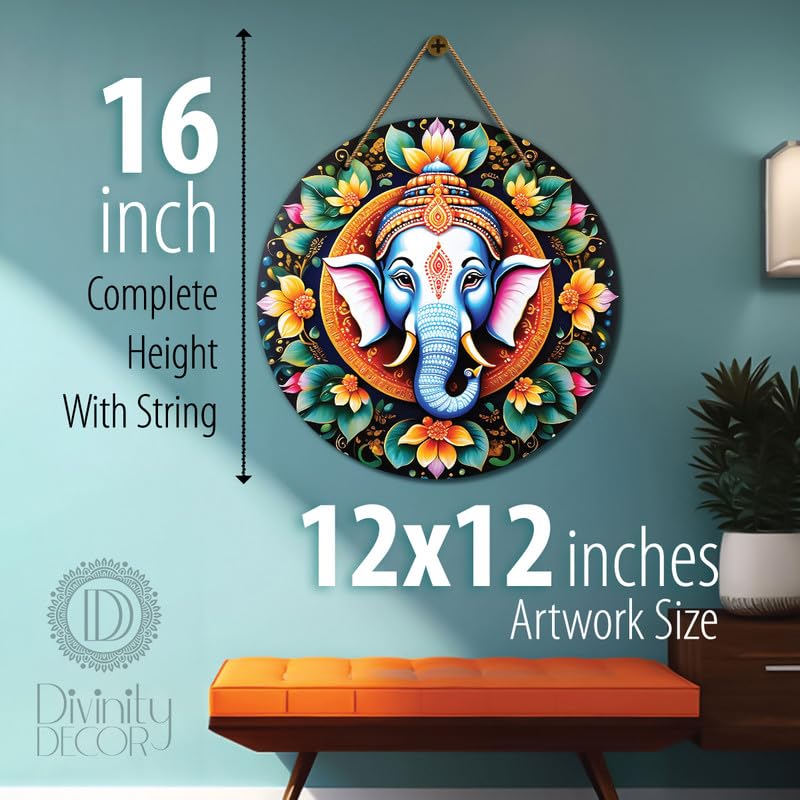 Divinity Decor 12x12 Inch Ganesh Ji in green and yellow mandala Wooden wall hanging for bedrooms, offices, and home spaces - D133 - Image 3