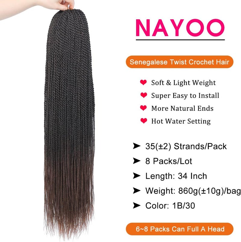 NAYOO Long Crochet Hair Senegalese Twist, 34 Inch 8 Packs Small Crochet Hair for Black Women, 35 Strands/Pack Crochet Braids Hair, Crochet Twist Hair Hot Water Setting (34 Inch, 1B/30) - Image 2