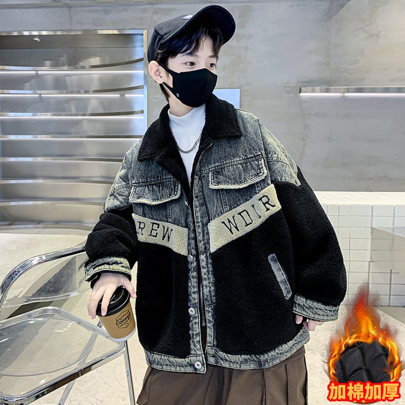 Boys' Winter Jacket Korean Style Denim Patchwork Fleece Sweater Padded Thickened Big Kids' Jacket Cool And Trendy - Image 2
