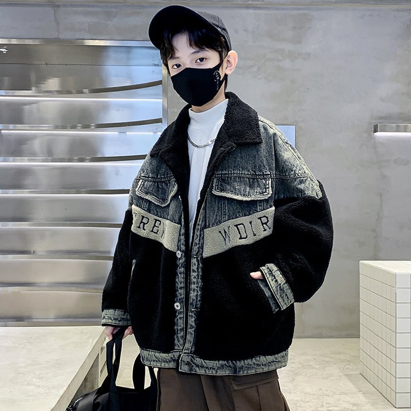 Boys' Winter Jacket Korean Style Denim Patchwork Fleece Sweater Padded Thickened Big Kids' Jacket Cool And Trendy - Image 4