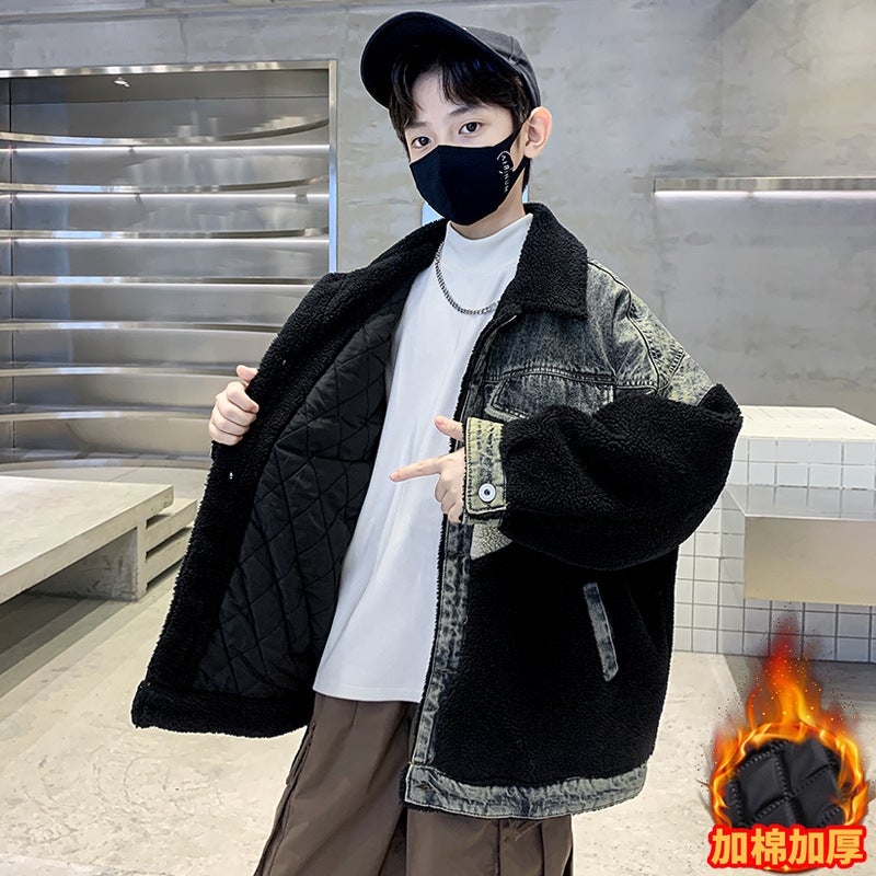 Boys' Winter Jacket Korean Style Denim Patchwork Fleece Sweater Padded Thickened Big Kids' Jacket Cool And Trendy - Image 5