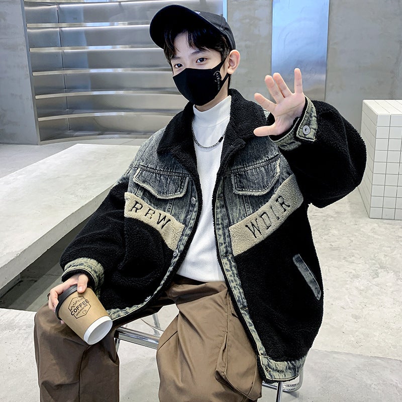 Boys' Winter Jacket Korean Style Denim Patchwork Fleece Sweater Padded Thickened Big Kids' Jacket Cool And Trendy - Image 3