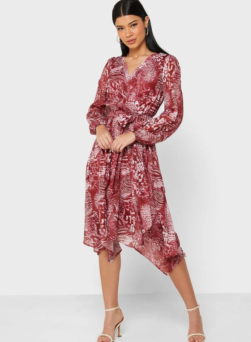 Angel Eye Balloon Sleeve Printed Asymmetric Dress