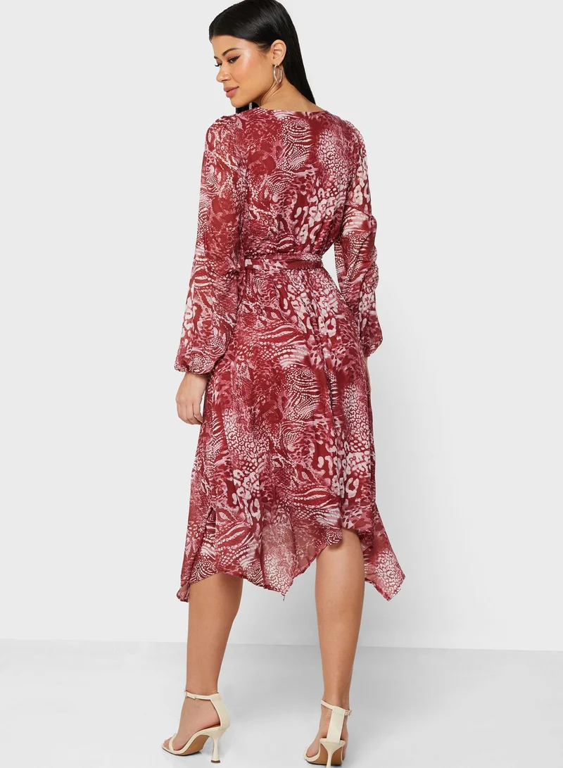 Angel Eye Balloon Sleeve Printed Asymmetric Dress