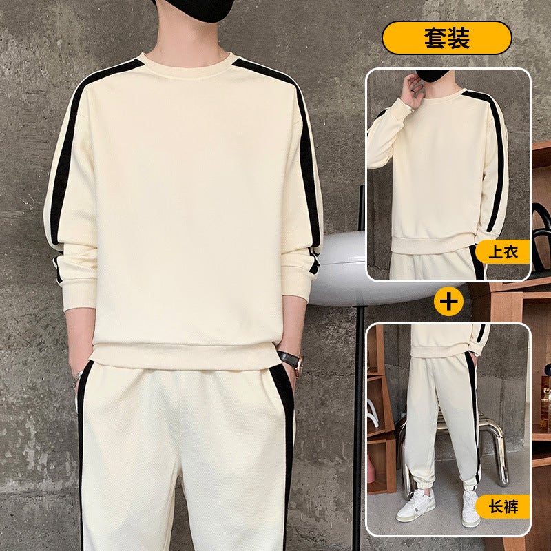 Spring and Autumn Sweater suit New Mens Casual Loose Two-Piece Crewneck Long-Sleeved Pullover T-Shirt Trendy Sports Trousers 8189 black  - Image 3