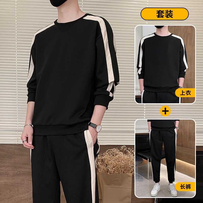 Spring and Autumn Sweater suit New Mens Casual Loose Two-Piece Crewneck Long-Sleeved Pullover T-Shirt Trendy Sports Trousers 8189 black  - Image 1