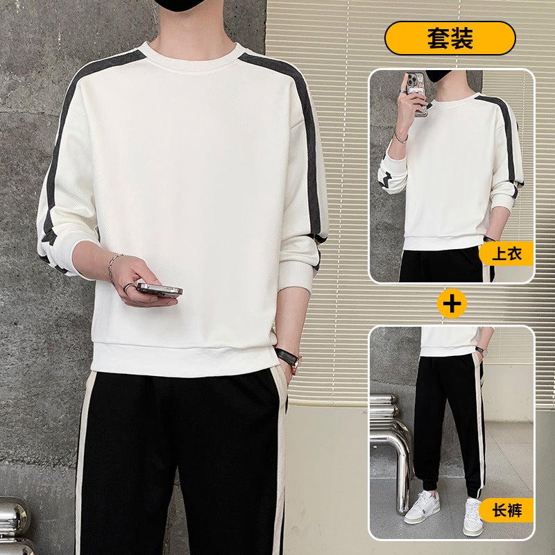 Spring and Autumn Sweater suit New Mens Casual Loose Two-Piece Crewneck Long-Sleeved Pullover T-Shirt Trendy Sports Trousers 8189 black  - Image 4