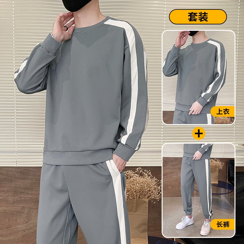 Spring and Autumn Sweater suit New Mens Casual Loose Two-Piece Crewneck Long-Sleeved Pullover T-Shirt Trendy Sports Trousers 8189 black  - Image 2