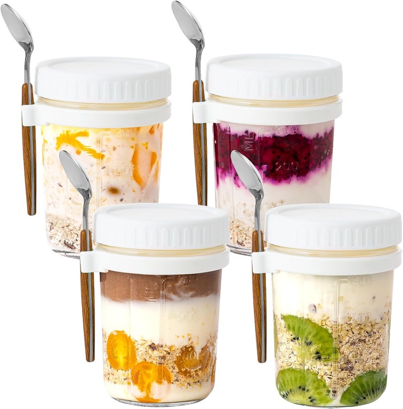 Famyards 4 Pack Overnight Oats Containers with Airtight Lids and Spoons, 16 oz Glass Mason Jars with Measurement Marks, Oatmeal Jars for Cereal, Yogurt, Milk, Salads, Fruit (4 White) - Image 1