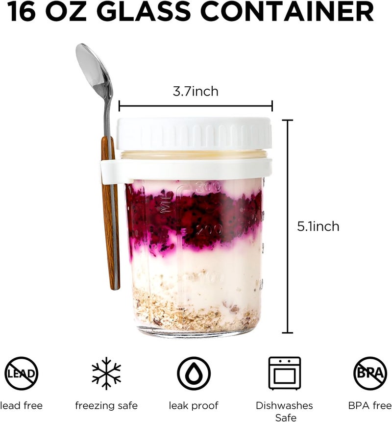 Famyards 4 Pack Overnight Oats Containers with Airtight Lids and Spoons, 16 oz Glass Mason Jars with Measurement Marks, Oatmeal Jars for Cereal, Yogurt, Milk, Salads, Fruit (4 White) - Image 2