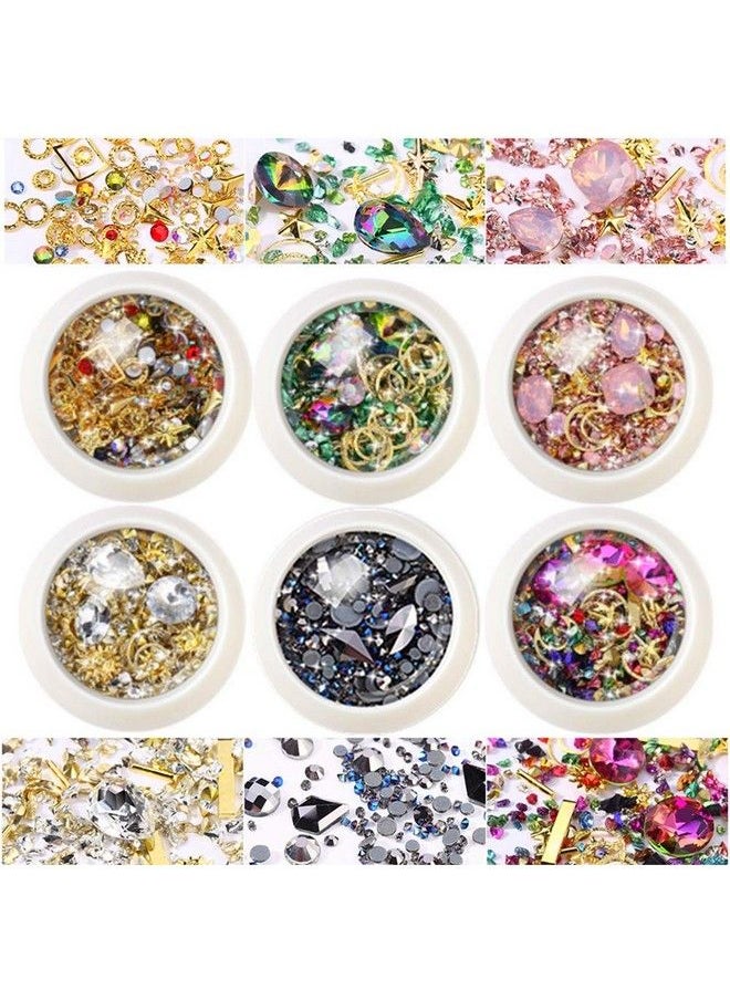 editTime - 6 Wheels Mixed Sparkle Nail Art Rhinestones Diamonds Crystals Beads Artificial Pearls And Gold Silver Nail Studs Gems Metal Rivets Charms Hollow Moon Star Shaped (Micro Mini Stones Kit) - Image 1