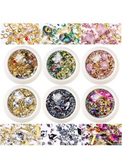 6 Wheels Mixed Sparkle Nail Art Rhinestones Diamonds Crystals Beads Artificial Pearls And Gold Silver Nail Studs Gems Metal Rivets Charms Hollow Moon Star Shaped (Micro Mini Stones Kit)