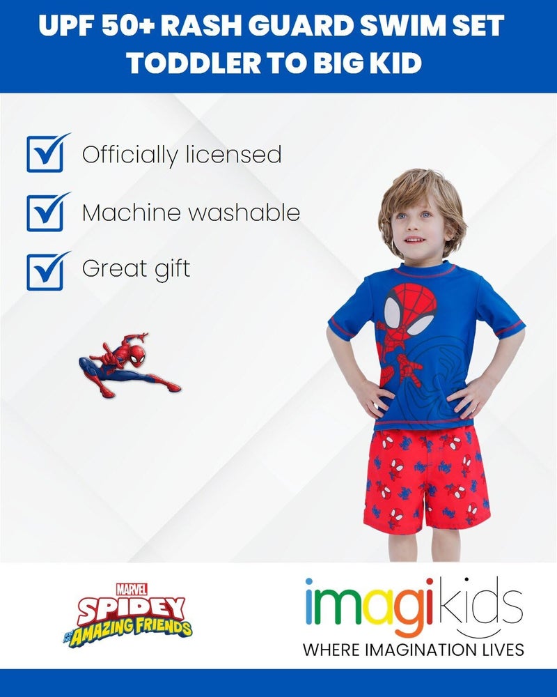 Marvel Spidey and His Amazing Friends Spider-Man Toddler Boys UPF 50+ Rash Guard Swim Trunks Outfit Set Blue/Red 3T - Image 2