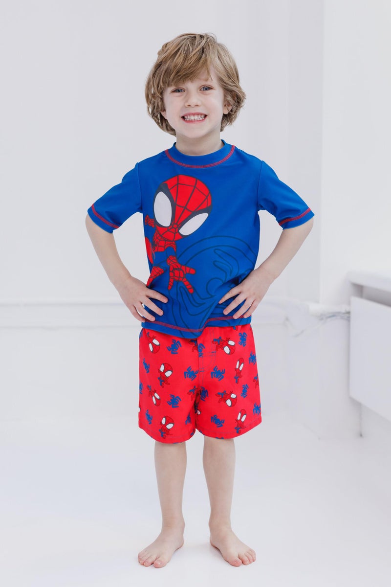 Marvel Spidey and His Amazing Friends Spider-Man Toddler Boys UPF 50+ Rash Guard Swim Trunks Outfit Set Blue/Red 3T - Image 3