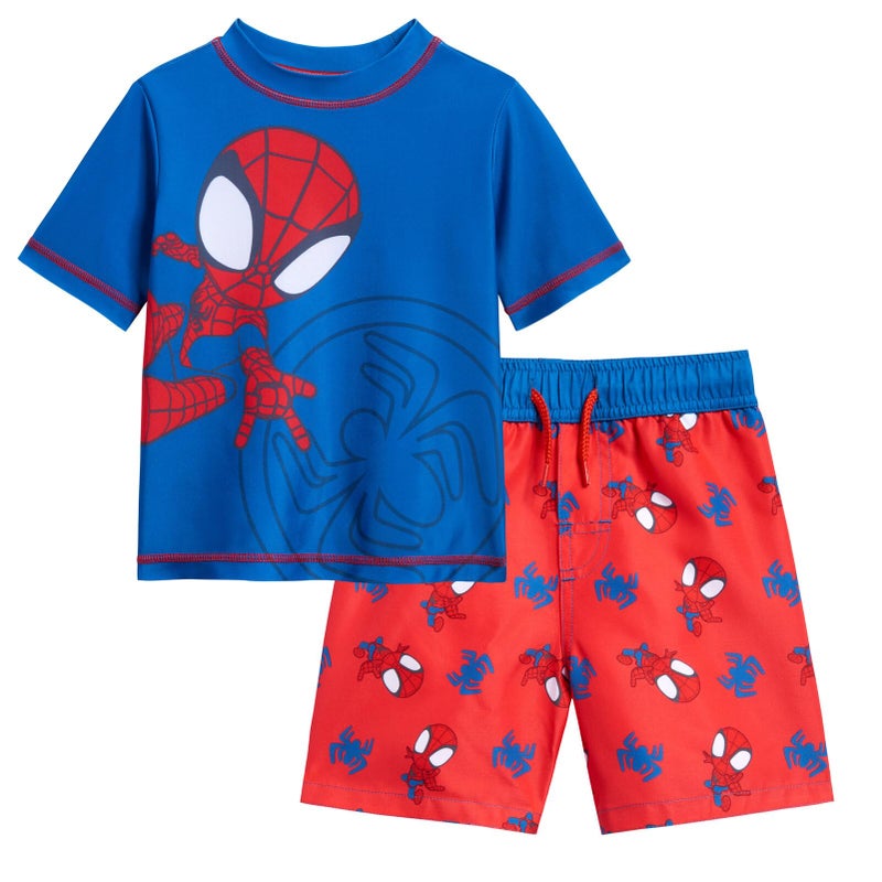 Marvel Spidey and His Amazing Friends Spider-Man Toddler Boys UPF 50+ Rash Guard Swim Trunks Outfit Set Blue/Red 3T - Image 1