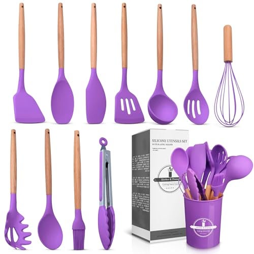 12 Pcs Purple Kitchen Utensils Set with Holder  Versatile Silicone Utensils Set for Cooking and Baking Gentle on Pots and Pans HeatResistant Stylish Easy to Clean Purple Kitchen Accessories