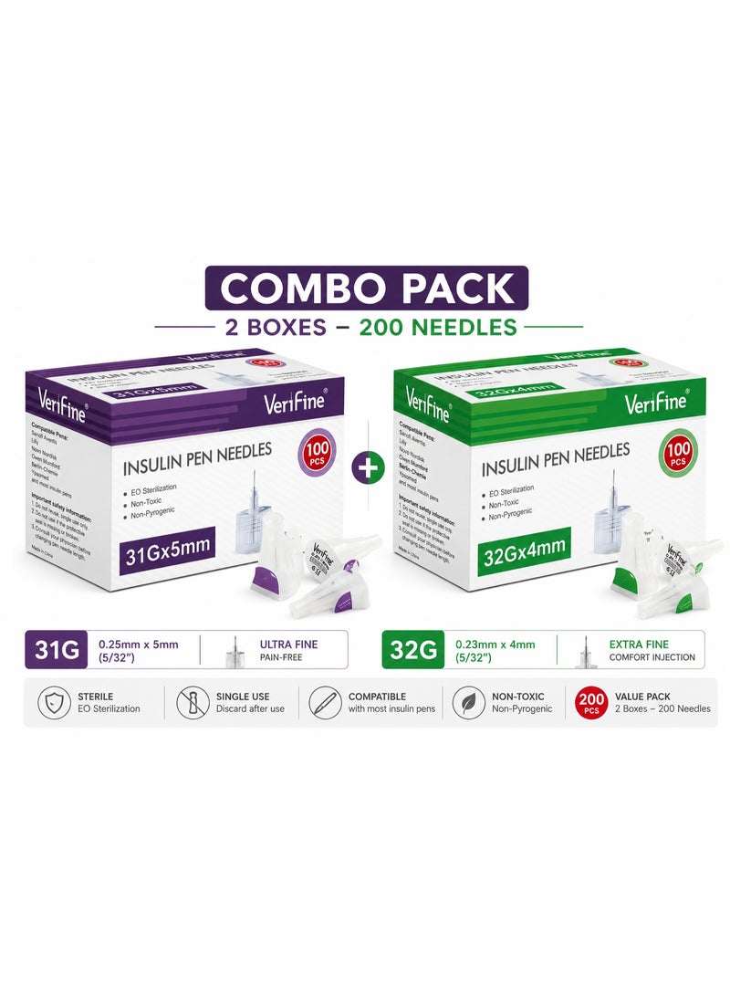 VeriFine Insulin Pen Needles Combo Pack 31G 5mm & 32G 4mm | 200PCS Diabetic Pen Needles - Image 1