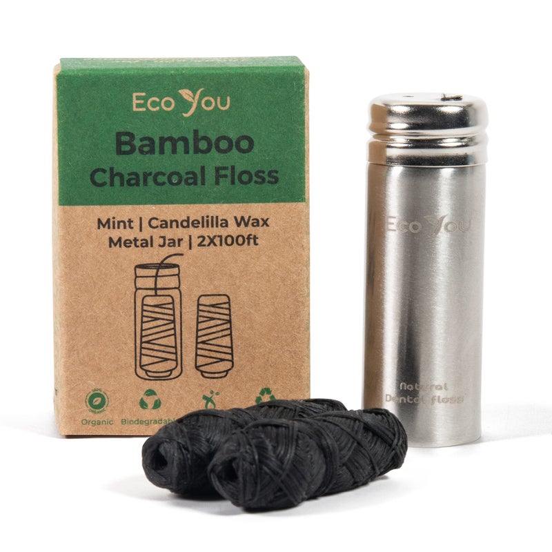 EcoYou Charcoal Bamboo Floss 2 Non Toxic Natural Floss Refill with Metal Container Organic Mint Candelilla Wax Vegan Biodegradable Compatible wSimilar Dental Floss Silk Refill Containers