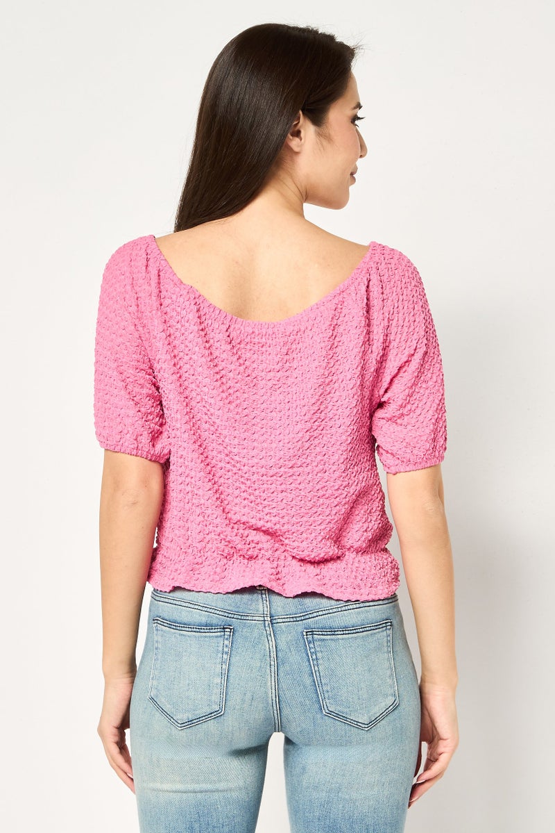 promod Women Boat Neck Short Sleeve Textured Top, Pink - Image 3
