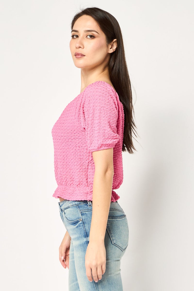 promod Women Boat Neck Short Sleeve Textured Top, Pink - Image 2
