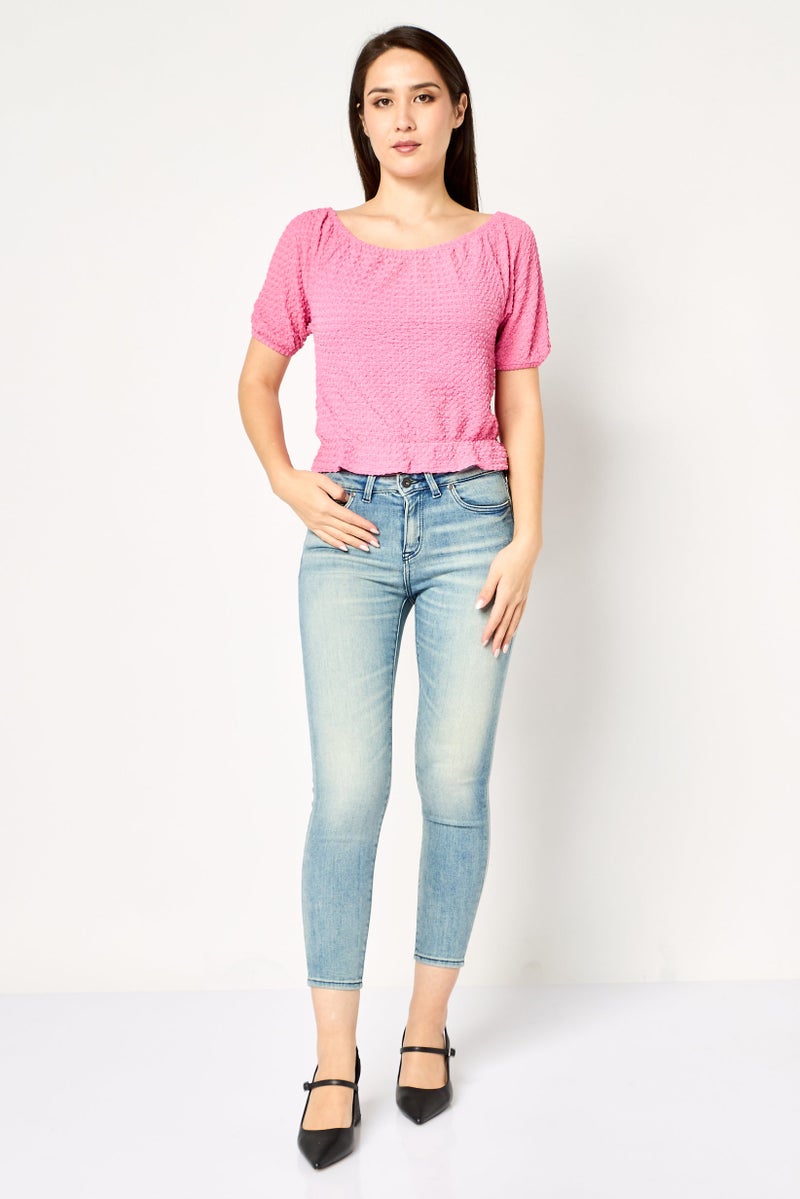 promod Women Boat Neck Short Sleeve Textured Top, Pink - Image 4