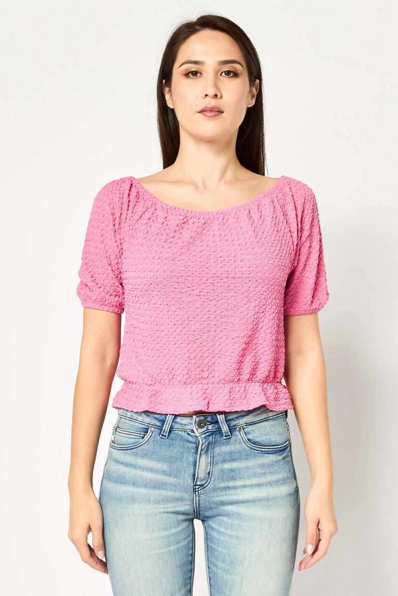 promod Women Boat Neck Short Sleeve Textured Top, Pink - Image 1