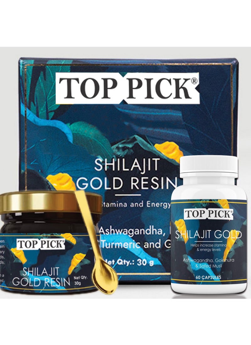 Top Pick Shilajit Gold Resin 30g with 60 Capsules Superior Ayurvedic Solution for Strength & Recovery 