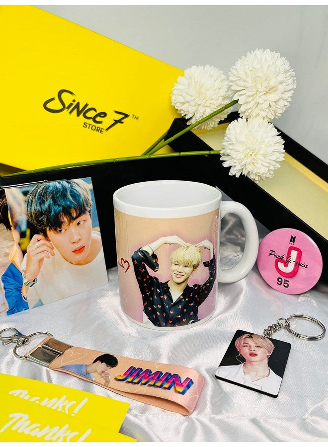 SINCE 7 STORE BTS JIMIN Gift box for BTS Fans, INCLUDES 5 products: Pack of 18 Lomocards, 1 Mug, 1 Keychain, 1 Keychain Lanyard & 1 badge/Perfect for Gifting - Image 1