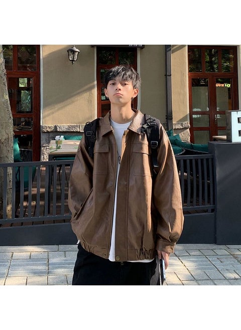 Retro Brown Biker Jacket Mens Spring Autumn Pilot Oversize Brown