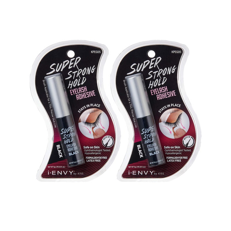 iENVY Super Strong Hold Eyelash Adhesive Waterproof 48Hour LongLasting Lash Glue LatexFree Hypoallergenic QuickDrying with BrushOn Applicator for Strip Lashes Black 2 Pack
