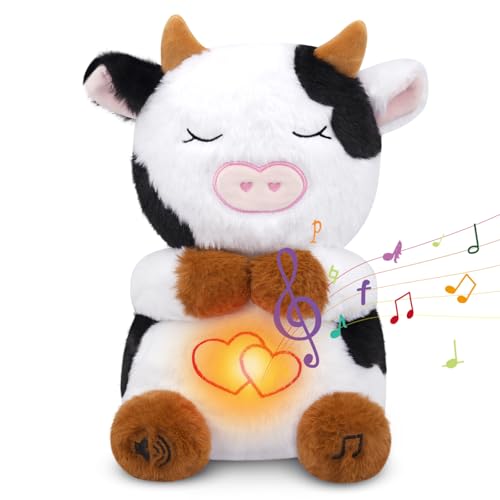 KOPHINYE Breathing Cow Stuffed Animal 11inch Cow Plush Soothing Stuffed Animal with Calming Music Lights Soft Breathing Sleeping Plush for Kids Adult 3Levels Mode  Volume - Image 1