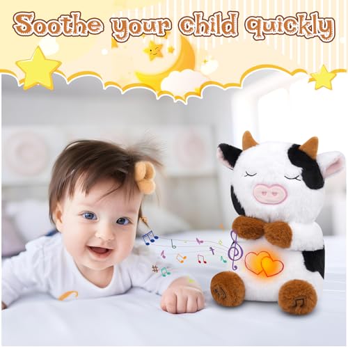 KOPHINYE Breathing Cow Stuffed Animal 11inch Cow Plush Soothing Stuffed Animal with Calming Music Lights Soft Breathing Sleeping Plush for Kids Adult 3Levels Mode  Volume - Image 5