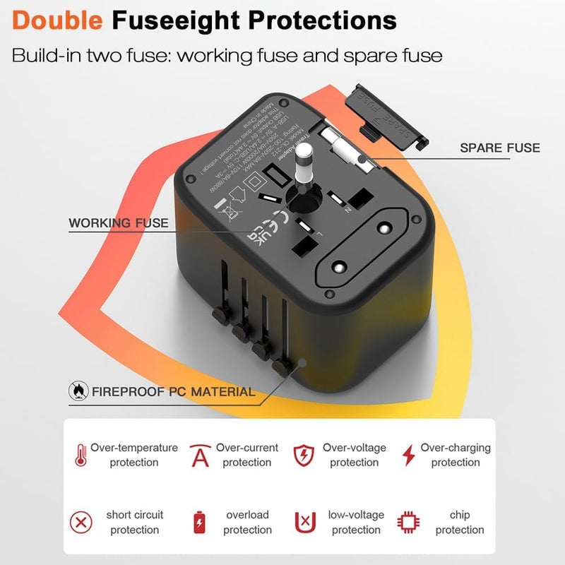 نكومي محول السفر العالمي من نيكومي مع منفذي USB ومنفذي Type-C للولايات المتحدة والاتحاد الأوروبي والمملكة المتحدة وأستراليا، مزود بصمامين وثمانية حمايات رئيسية، شحن سريع بقوة 20 واط، موديل جديد ومطور (أسود جديد مع حقيبة تخزين) - Image 4