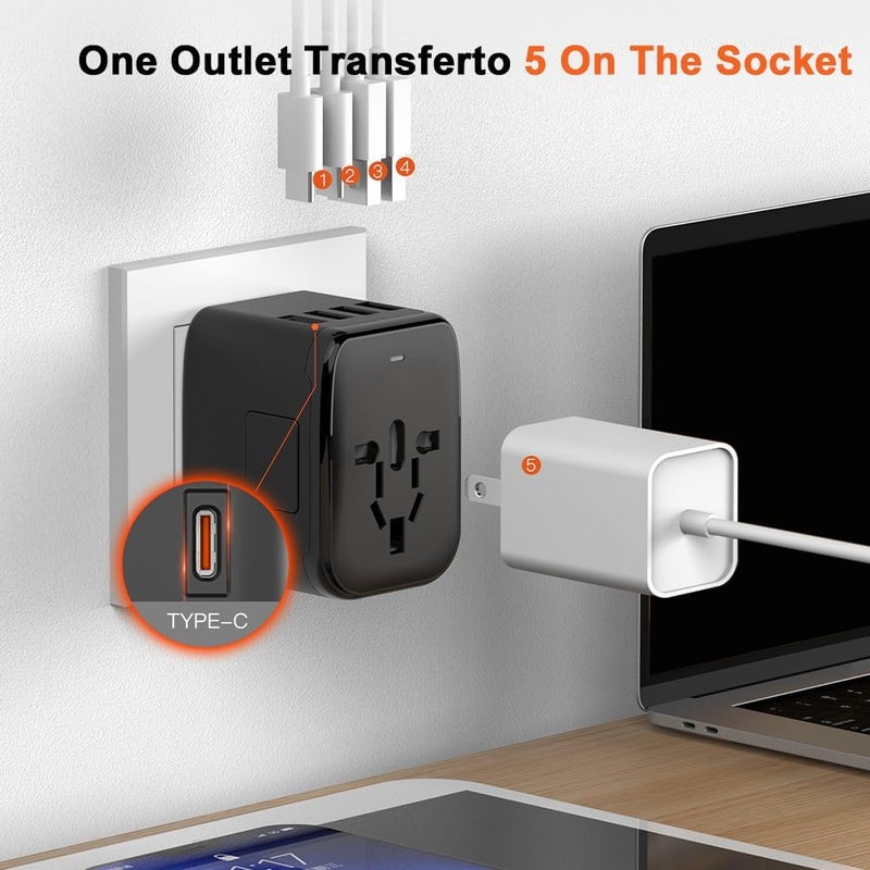 نكومي محول السفر العالمي من نيكومي مع منفذي USB ومنفذي Type-C للولايات المتحدة والاتحاد الأوروبي والمملكة المتحدة وأستراليا، مزود بصمامين وثمانية حمايات رئيسية، شحن سريع بقوة 20 واط، موديل جديد ومطور (أسود جديد مع حقيبة تخزين) - Image 2