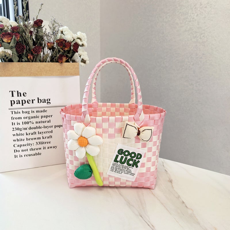 Woven PVC Tote Bag with Sunflower Bow Pattern - Image 1