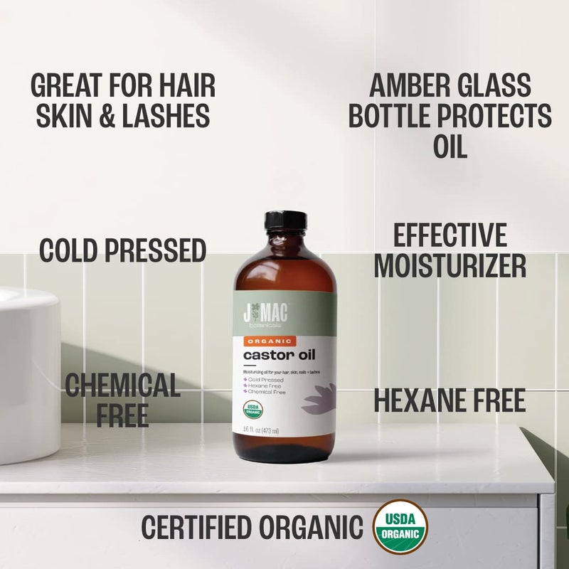 J MAC BOTANICALS, Organic Castor Oil Cold Pressed (Glass Bottle, 16 oz) pure unrefined, hexane free for face, skin, eyelashes, pack wraps, pads - Image 4