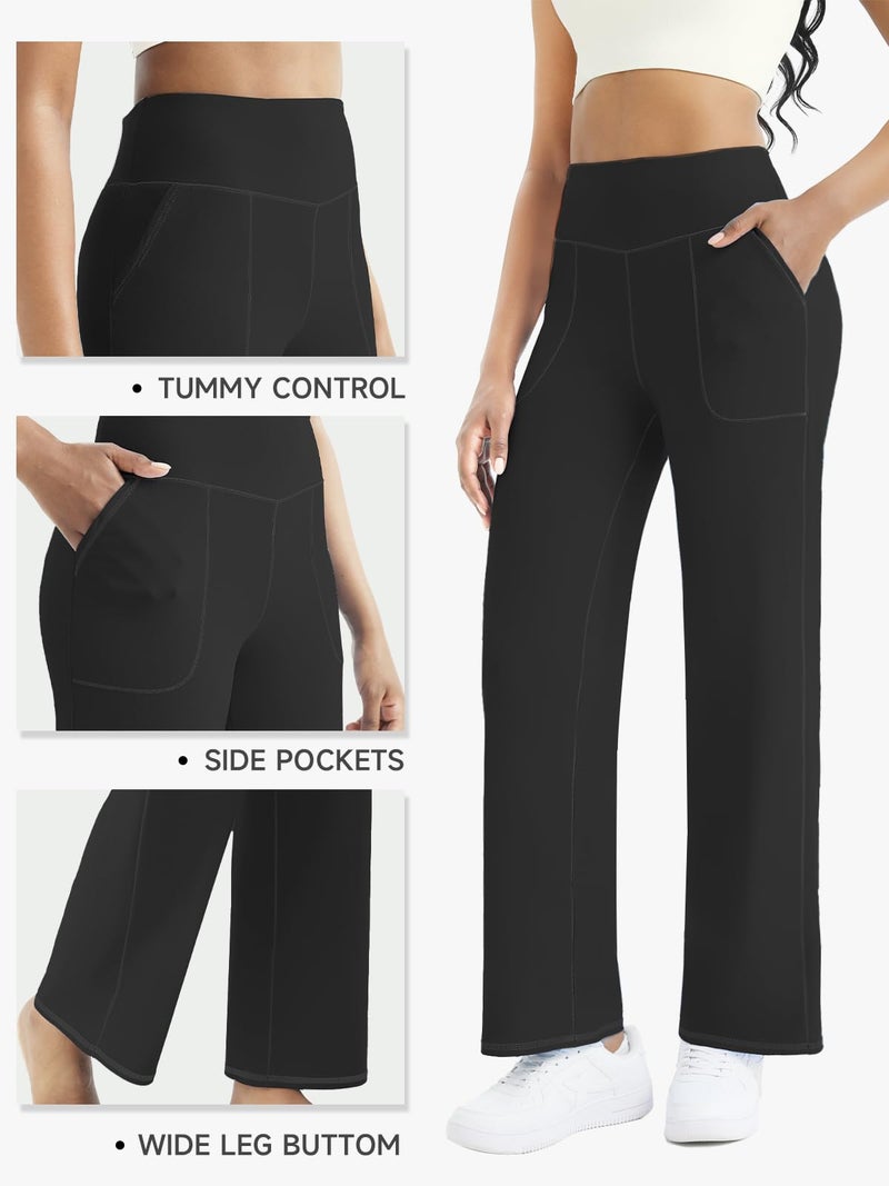 FireSwan Wide Leg Yoga Pants Women Stretch Dress Lounge Pants with Pockets High Waisted Loose Casual Trousers Black - Image 4