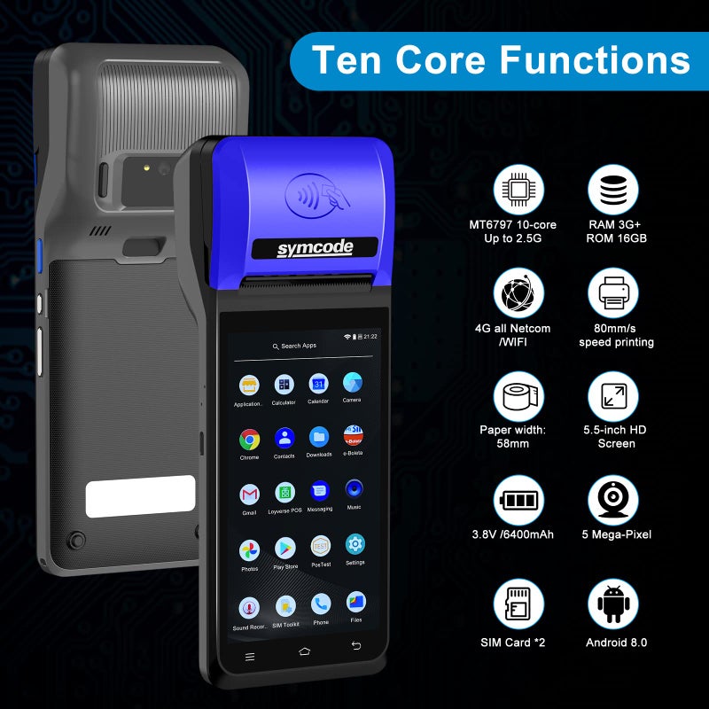 symcode PDA POS Receipt Printer 58mm Thermal Printer with Android12 OS 5.5" inch Touch Screen.Scan 1D/2D/QR barcodes. Support 4G:FDD-LTE,TD-LTE 3G: WCDMA 2G: GSM,GPRS Hot spot Bluetooth 3GB Ram +16GB ROM - Image 2